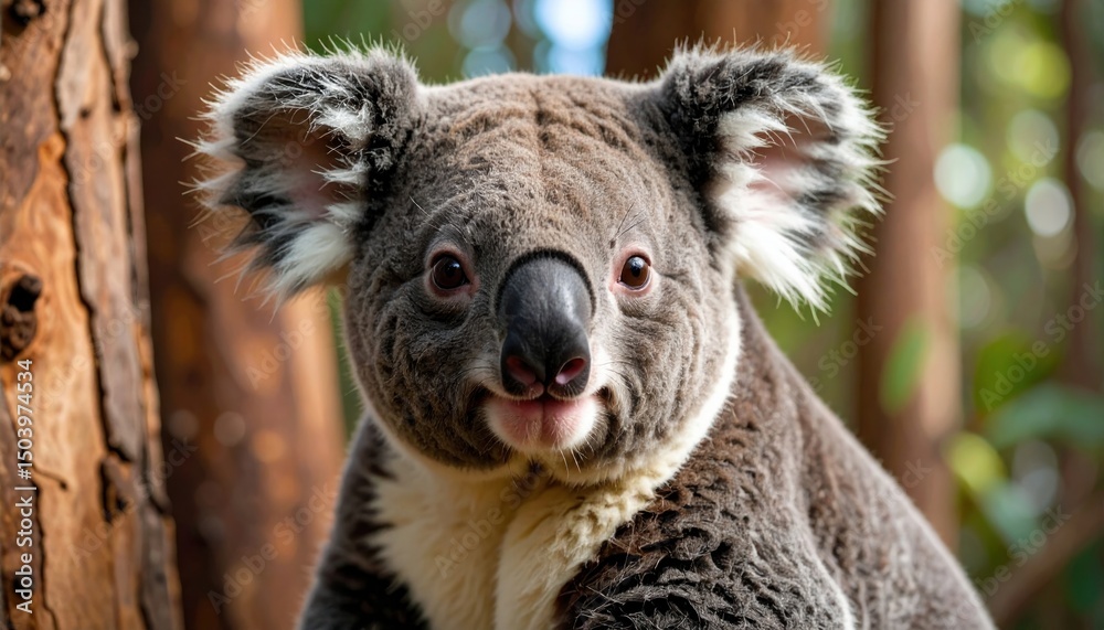 Fototapeta premium A cute koala sits near a tree trunk looking directly at the camera lens.
