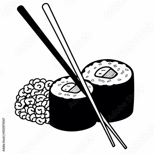Line art sushi roll icon with chopsticks and rice