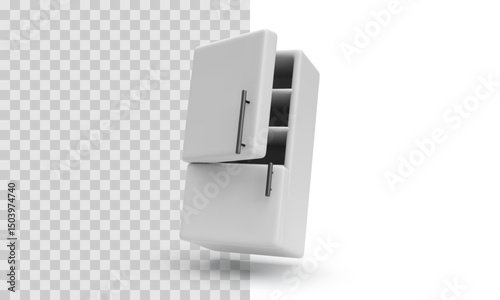 White Fridge With Open Doors and Visible Shelves, Floating Angle View. Minimalist vector illustration ideal for smart kitchen UI, appliance icons or product design mockups.