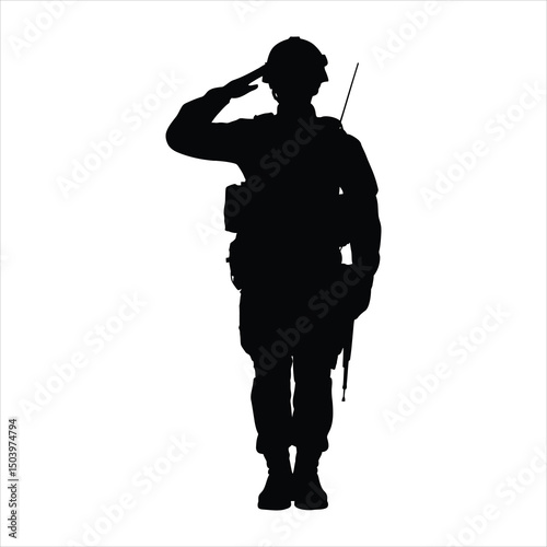 Silhouette of a soldier in uniform saluting against a clean white background