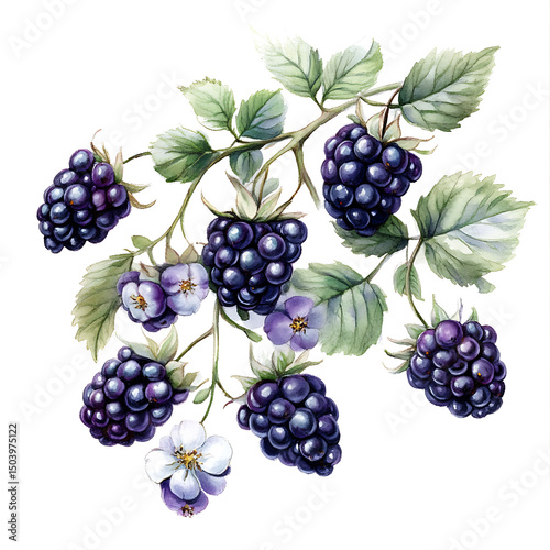 Watercolor illustration of ripe blackberries with leaves and flowers on transparent background