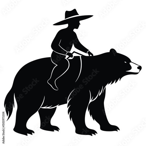 Silhouette of a cowboy riding a grizzly bear walking to the right side