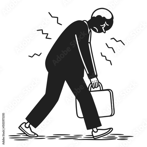 Stressed businessman with back pain walking to work holding briefcase