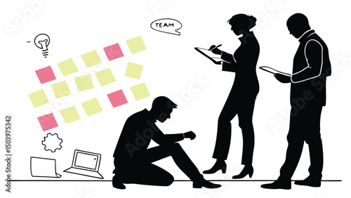 Team brainstorming session with sticky notes and business professionals silhouette