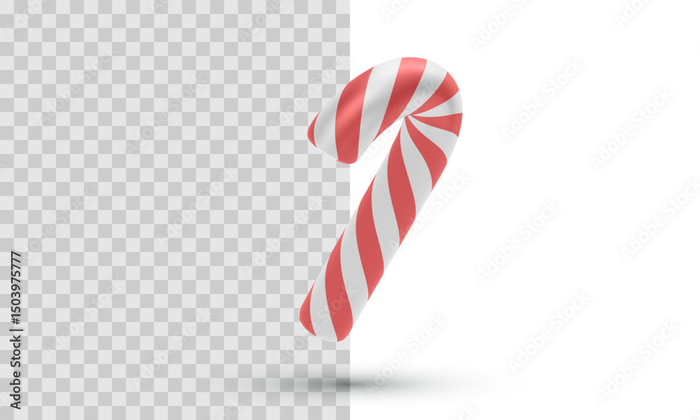 Fototapeta premium Striped Candy Cane in Red and White. Vector Illustration of Classic Christmas Sweet with Swirl Design, Ideal for Holiday Decor, Seasonal Graphics, or Festive Food Concepts.