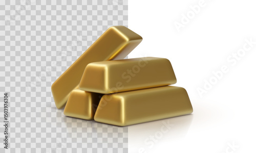 Group of Gold Bars Arranged in Casual Stack on Transparent and White Background, Ideal for Banking, Financial or Luxury Design Projects. Elegant Metallic Texture. Vector Illustration.