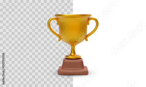 Classic Gold Trophy With Decorative Handles On Brown Base. Clean 3D Style Award Symbol On Transparent And White Background. Perfect For Achievement, Victory, Or Recognition. Vector Illustration.