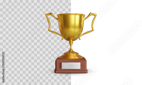 Golden Trophy Cup On Wooden Base With Blank Nameplate. Clean 3D Style Award Symbol On Transparent And White Background. Ideal For Sports, Achievement Or Success Concept. Vector Illustration.