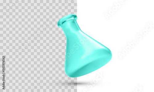 Stylized Laboratory Flask In Glossy Teal 3D Design On Transparent And White Background. Clean Scientific Icon For Chemistry, Research, Education, Or Medical Use. Vector Illustration.