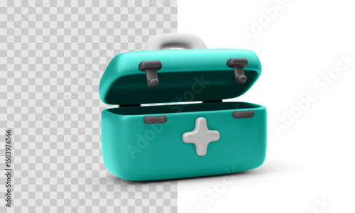 Open Medical First Aid Kit With Handle And Cross Symbol In Clean 3D Style On Transparent And White Background. Emergency Healthcare Box For Treatment Or Safety. Vector Illustration.