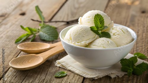 Delightful Ice Cream in Rustic Setting: A refreshing image showcasing a creamy ice cream treat, nestled in a charming setting with natural, raw textures and the fresh touch of vibrant green sprigs. 