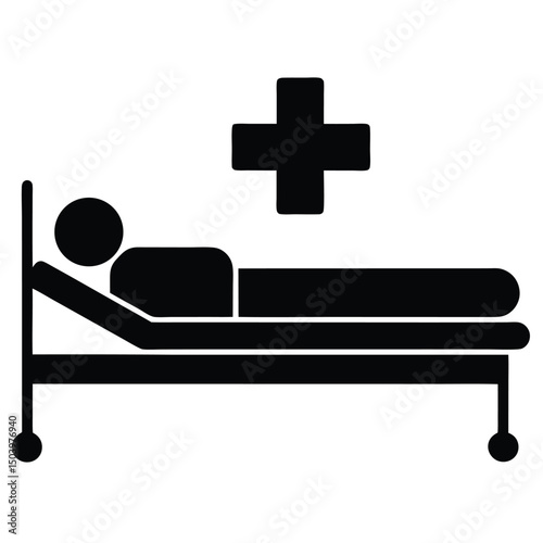 Silhouette of Patient Resting in Hospital Bed Below Medical Cross Symbol Icon