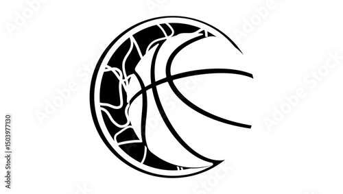basketball ball in basket, black isolated silhouette