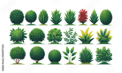 A collection of stylized vector bushes and ornamental plants arranged in a grid layout, easily editable and scalable.