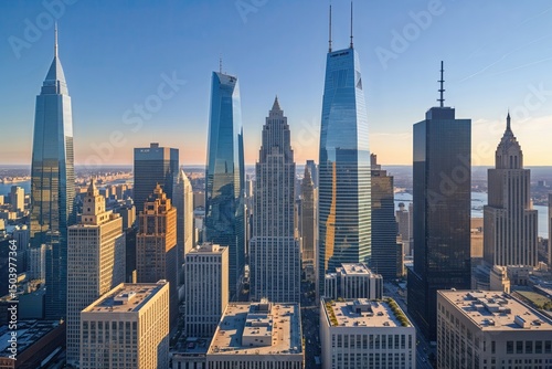 Aerial Drone Perspective of Iconic Skyscrapers Showcasing Dynamic Urban Commercial Area Under Clear Summer Skies