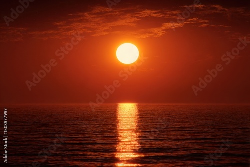 Fiery Sunset over Calm Ocean Waters A Dramatic Red Sky and Glowing Sun Reflecting on the Sea Surface
