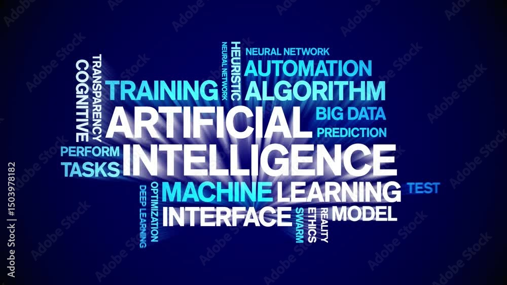 Artificial intelligence animated word cloud;text design animation tag kinetic typography seamless loop.