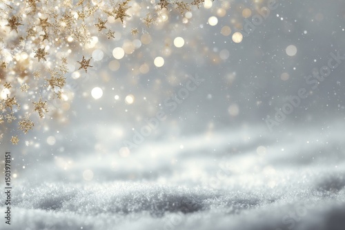 Sparkling Winter Scene Gold Stars Falling on Glittering Snow