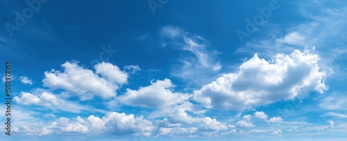 Panoramic View of a Vivid Blue Sky Adorned with Fluffy Cumulus Clouds and Wispy Cirrus Clouds