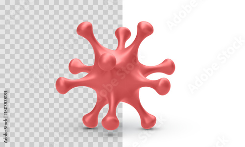 Abstract Organic Shape in Glossy Red Color on Transparent and White Background. 3D Object with Smooth Tentacle-Like Arms for Science, Technology, or Design Themes. Vector Illustration.