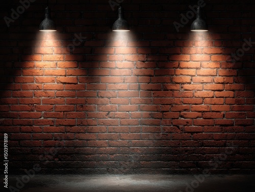 Three Industrial Lamps Illuminating a Dark Brick Wall Background