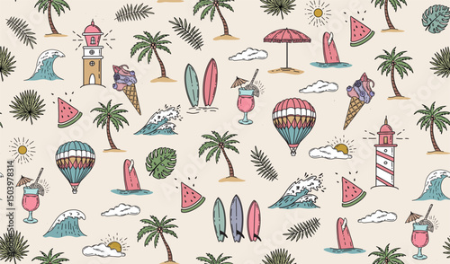 Hello Summer, pattern with surfboard, palm tree and wave, hand drawn illustration.	
