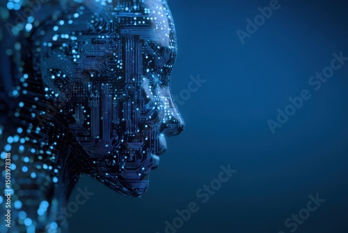 Futuristic AI Head Profile Circuit Board Humanoid in Blue