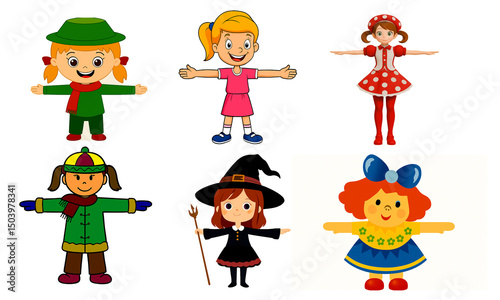 Set of Six Different Girls T-Pose 3D Design Rigging Animating. The t-pose is AI generated.