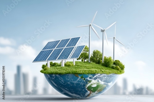 Green Earth Floating Above Solar Panels and Wind Turbines, Clean Energy Symbolism, Renewable Power Infrastructure, Environmental Conservation, Sustainable Technology, Eco Future Vision