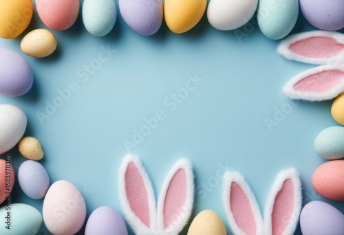 Pastel Easter Eggs and Bunny Ears Frame on Light Blue Background – Spring Holiday Design