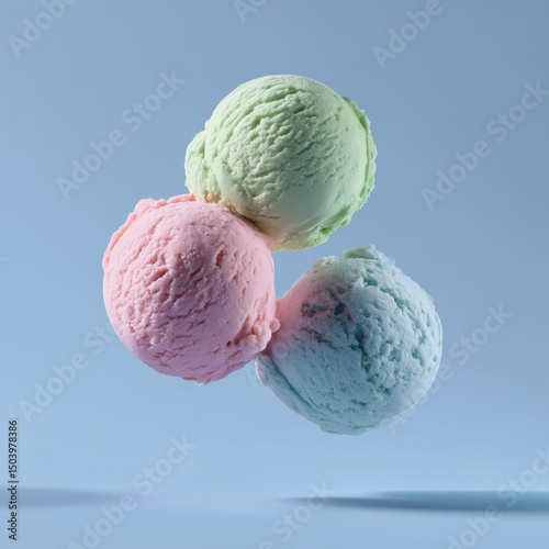 Three Scoops of Pastel Ice Cream Floating Against a Light Blue Background