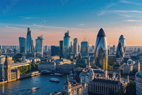London Cityscape Featuring Iconic Skyscrapers Against a Bright Blue Sky