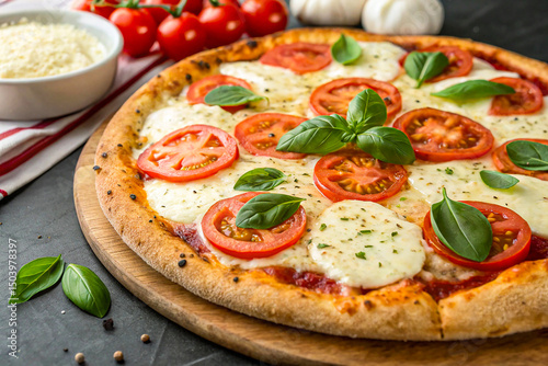 Pizza: A classic dish consisting of a flattened round of dough topped with tomato sauce, cheese, and various other ingredients (e.g., vegetables, meats, seafood), baked in an oven.
