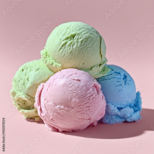 Delicious Scoops of Pastel Ice Cream Pink, Green, and Blue Flavors on Pink Background