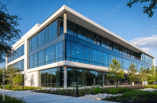 Modern Office Building Exterior with Glass Facade and Landscaped Grounds