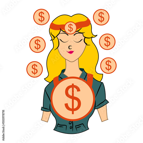 Vector of beautiful businesswoman with dollars, goddess of fortune