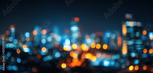 Abstract Night Cityscape Bokeh Background Blue and Orange Lights Blurred City Skyline