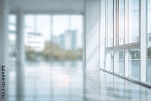 Modern Office Interior with Blurred City View Through Large Windows and Bright Sunlight