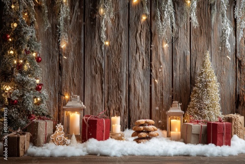 Rustic Christmas Scene with Snow, Gifts, Lanterns