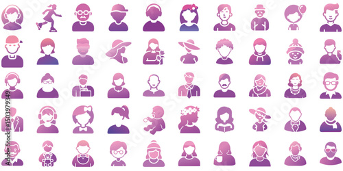 Colorful pink and purple gradient silhouette avatar icon set for creative profile pictures and digital identities	
