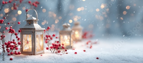 Illuminated Winter Lanterns with Red Berries in Snowy Scene, Festive Christmas or Holiday Atmosphere