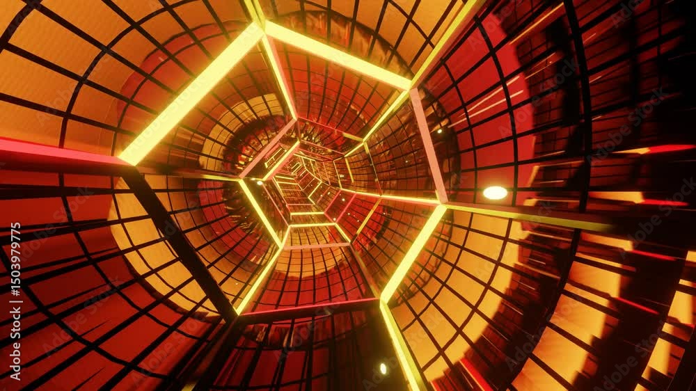 Illustration of motion graphic of flying into a red hexagonal tunnel with blinking particles