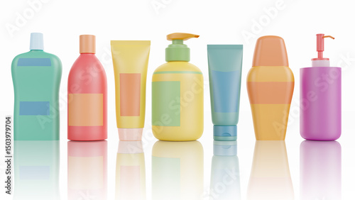 Contenitori, bottiglie, dispenser per cosmetici colorati su sfondo bianco.