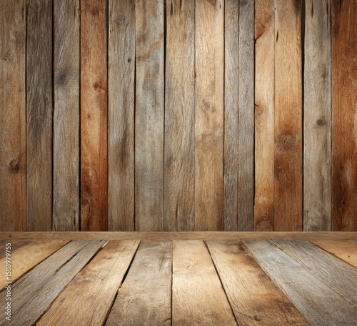 Rustic Wooden Wall and Floor Background Weathered Planks, Brown and Gray Tones, Vintage Texture
