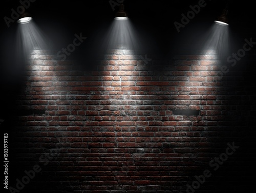Dark Brick Wall Background with Three Spotlights Illuminating the Texture