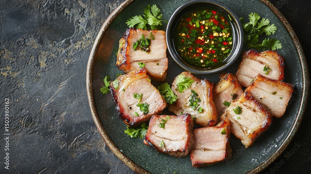 A vibrant plate of grilled pork belly slices, garnished with fresh herbs and chili, served with dipping sauce on a textured surface. A vibrant plate of grilled pork belly slices, garnished with fresh herbs and chili, served with dipping sauce on a textured surface.