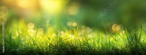 Vibrant Green Grass Blades Illuminated by Warm Sunlight, Bokeh Background