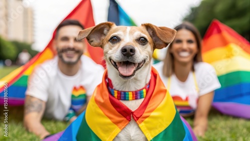 Happy dog in rainbow attire with cheerful people, celebrating pride together outdoors.