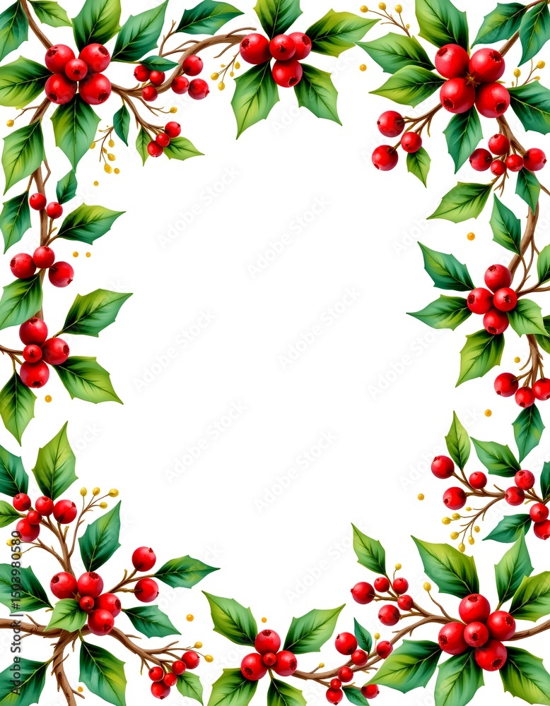 Fototapeta premium mistletoe christmas wreath border pattern, watercolor painting white background.