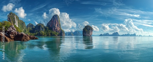 Panoramic View of Dramatic Limestone Cliffs and Islands in a Tropical Sea under a Blue Sky with Fluffy Clouds